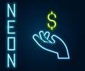 Glowing neon line Hand holding coin money icon isolated on black background. Dollar or USD symbol. Cash Banking currency Royalty Free Stock Photo