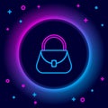 Glowing neon line Handbag icon isolated on black background. Female handbag sign. Glamour casual baggage symbol