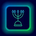 Glowing neon line Hanukkah menorah icon isolated on black background. Hanukkah traditional symbol. Holiday religion