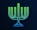 Glowing neon line Hanukkah menorah icon isolated on blue background. Hanukkah traditional symbol. Holiday religion