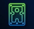 Glowing neon line Hard disk drive HDD icon isolated on blue background. Vector Royalty Free Stock Photo