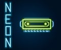 Glowing neon line Harmonica icon isolated on black background. Musical instrument. Colorful outline concept. Vector