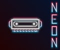 Glowing neon line Harmonica icon isolated on black background. Musical instrument. Colorful outline concept. Vector