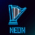 Glowing neon line Harp icon isolated on black background. Classical music instrument, orhestra string acoustic element