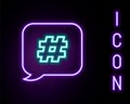 Glowing neon line Hashtag speech bubble icon isolated on black background. Concept of number sign, social media