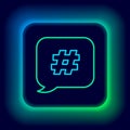 Glowing neon line Hashtag speech bubble icon isolated on black background. Concept of number sign, social media