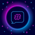 Glowing neon line Hashtag speech bubble icon isolated on black background. Concept of number sign, social media