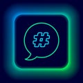 Glowing neon line Hashtag speech bubble icon isolated on black background. Concept of number sign, social media