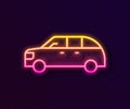 Glowing neon line Hatchback car icon isolated on black background. Vector