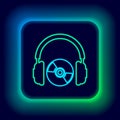 Glowing neon line Headphones and CD or DVD icon isolated on black background. Earphone sign. Compact disk symbol Royalty Free Stock Photo