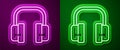 Glowing neon line Headphones icon isolated on purple and green background. Support customer service, hotline, call Royalty Free Stock Photo