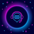 Glowing neon line Headphones with speech bubble chat icon isolated on black background. Support customer service Royalty Free Stock Photo