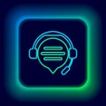 Glowing neon line Headphones with speech bubble chat icon isolated on black background. Support customer service Royalty Free Stock Photo