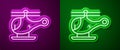 Glowing neon line Helicopter aircraft vehicle icon isolated on purple and green background. Vector