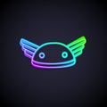 Glowing neon line Helmet with wings icon isolated on black background. Greek god Hermes. Vector