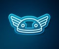 Glowing neon line Helmet with wings icon isolated on blue background. Greek god Hermes. Vector