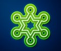 Glowing neon line Hexagram sheriff icon isolated on blue background. Police badge icon. Vector