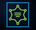 Glowing neon line Hexagram sheriff icon isolated on brick wall background. Police badge icon. Vector Illustration