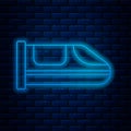 Glowing neon line High-speed train icon isolated on brick wall background. Railroad travel and railway tourism. Subway Royalty Free Stock Photo