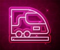 Glowing neon line High-speed train icon isolated on red background. Railroad travel and railway tourism. Subway or metro Royalty Free Stock Photo