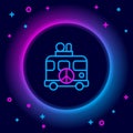 Glowing neon line Hippie camper van icon isolated on black background. Travel by vintage bus. Tourism, summer holiday