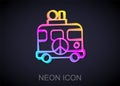 Glowing neon line Hippie camper van icon isolated on black background. Travel by vintage bus. Tourism, summer holiday