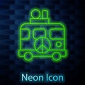 Glowing neon line Hippie camper van icon isolated on brick wall background. Travel by vintage bus. Tourism, summer