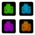 Glowing neon line Hippie camper van icon isolated on white background. Travel by vintage bus. Tourism, summer holiday Royalty Free Stock Photo