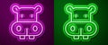 Glowing neon line Hippo or Hippopotamus icon isolated on purple and green background. Animal symbol. Vector