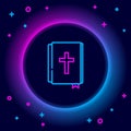 Glowing neon line Holy bible book icon isolated on black background. Colorful outline concept. Vector