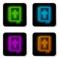 Glowing neon line Holy bible book icon isolated on white background. Black square button. Vector Royalty Free Stock Photo