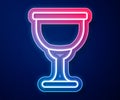 Glowing neon line Holy grail or chalice icon isolated on blue background. Christian chalice. Christianity icon. Vector