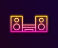 Glowing neon line Home stereo with two speakers icon isolated on black background. Music system. Vector