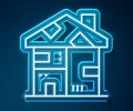 Glowing neon line Homeless cardboard house icon isolated on blue background. Vector