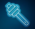 Glowing neon line Honey dipper stick icon isolated on blue background. Honey ladle. Vector