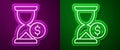 Glowing neon line Hourglass with dollar icon isolated on purple and green background. Money time. Sandglass and money