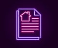 Glowing neon line House contract icon isolated on black background. Contract creation service, document formation