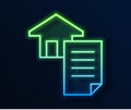 Glowing neon line House contract icon isolated on blue background. Contract creation service, document formation