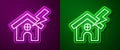 Glowing neon line House and lightning icon isolated on purple and green background. House with thunderbolt for house or Royalty Free Stock Photo