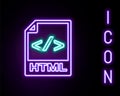 Glowing neon line HTML file document. Download html button icon isolated on black background. HTML file symbol. Markup
