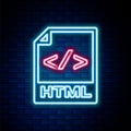 Glowing neon line HTML file document. Download html button icon isolated on brick wall background. HTML file symbol