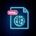 Glowing neon line HTML file document. Download html button icon isolated on brick wall background. HTML file symbol Royalty Free Stock Photo