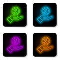 Glowing neon line Human hand giving money icon isolated on white background. Receiving money icon. Black square button Royalty Free Stock Photo