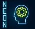 Glowing neon line Human head with gear inside icon isolated on black background. Artificial intelligence. Thinking brain Royalty Free Stock Photo