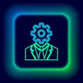 Glowing neon line Human head with gear inside icon isolated on black background. Artificial intelligence. Thinking brain Royalty Free Stock Photo