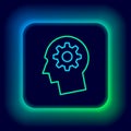 Glowing neon line Human head with gear inside icon isolated on black background. Artificial intelligence. Thinking brain Royalty Free Stock Photo