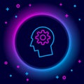 Glowing neon line Human head with gear inside icon isolated on black background. Artificial intelligence. Thinking brain Royalty Free Stock Photo