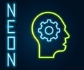 Glowing neon line Human head with gear inside icon isolated on black background. Artificial intelligence. Thinking brain Royalty Free Stock Photo