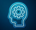 Glowing neon line Human head with gear inside icon isolated on blue background. Artificial intelligence. Thinking brain Royalty Free Stock Photo