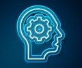 Glowing neon line Human head with gear inside icon isolated on blue background. Artificial intelligence. Thinking brain Royalty Free Stock Photo